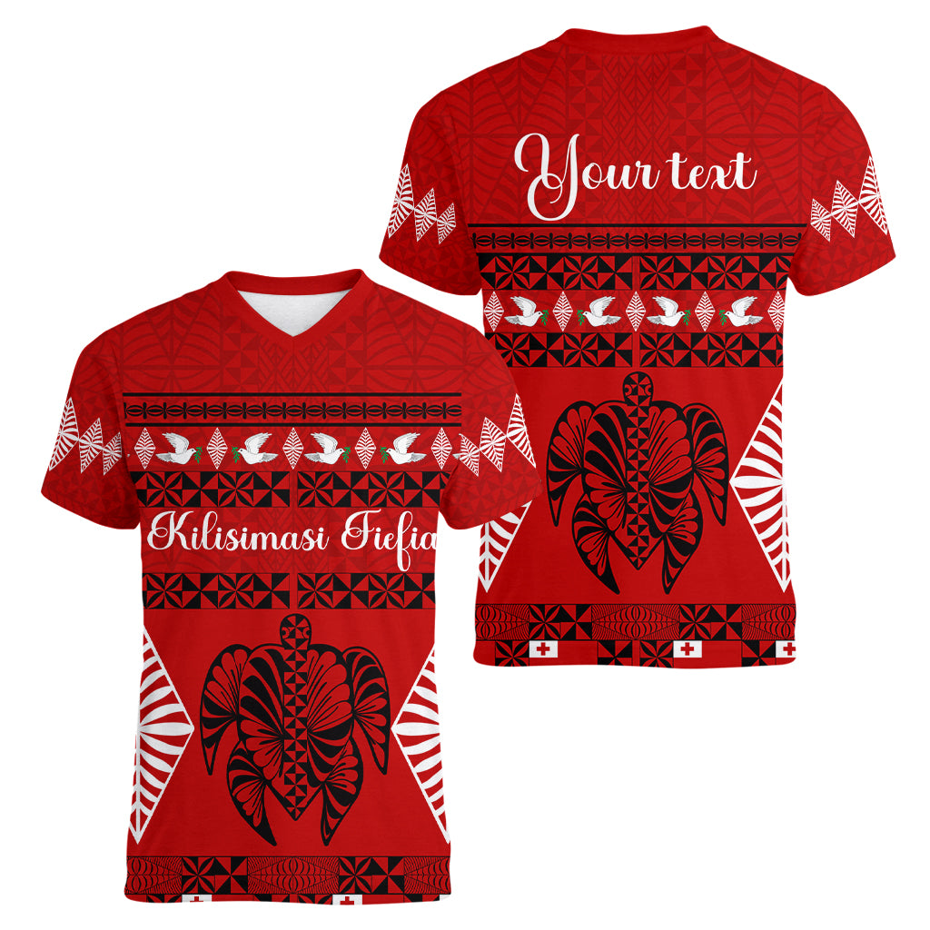 Personalised Tonga Kilisimasi Fiefia Women V Neck T Shirt Merry Christmas with Turtle Ngatu Pattern - Wonder Print Shop
