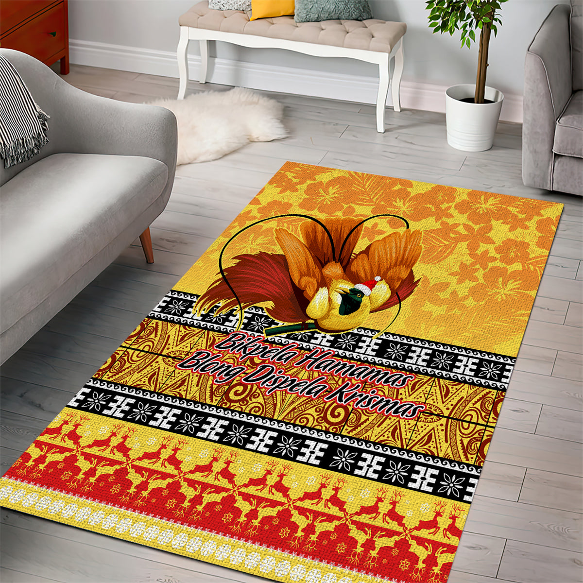 PNG Hamamas Krismas Area Rug Papua New Guinea Bird Of Paradise Merry Christmas Gold Style LT9 - Wonder Print Shop