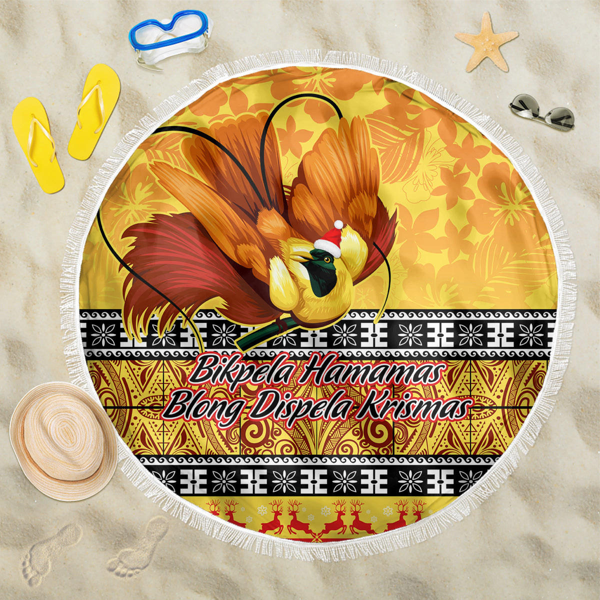 PNG Hamamas Krismas Beach Blanket Papua New Guinea Bird Of Paradise Merry Christmas Gold Style LT9 - Wonder Print Shop