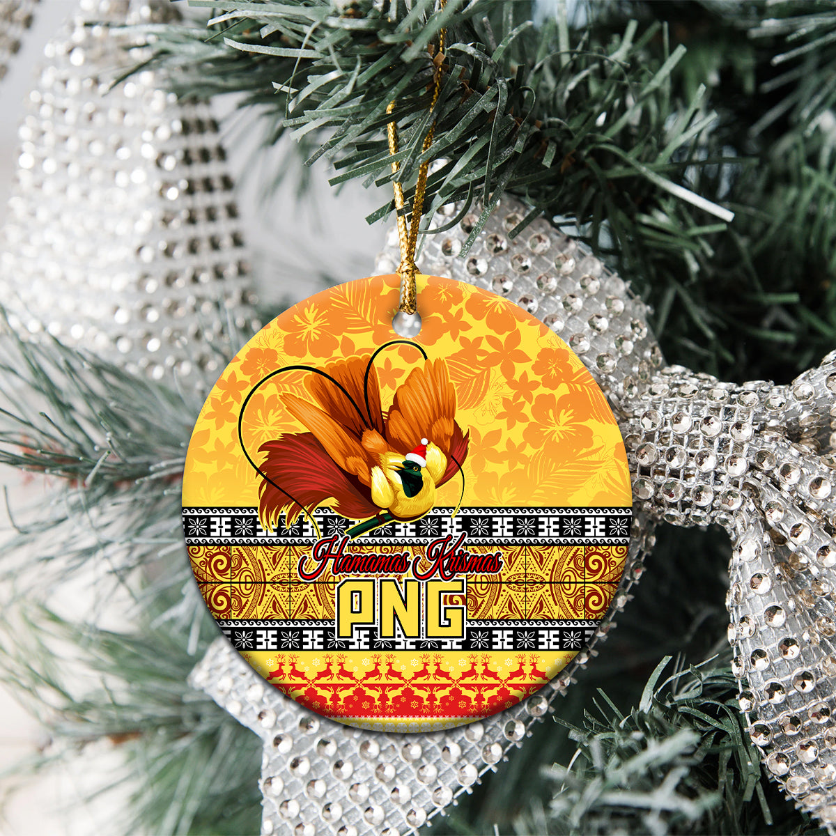 PNG Hamamas Krismas Ceramic Ornament Papua New Guinea Bird Of Paradise Merry Christmas Gold Style LT9 - Wonder Print Shop