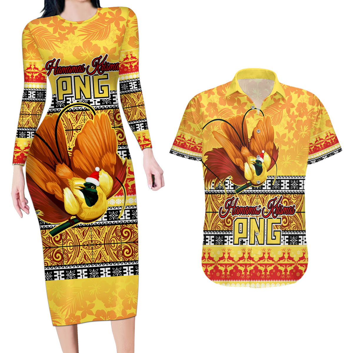 PNG Hamamas Krismas Couples Matching Long Sleeve Bodycon Dress and Hawaiian Shirt Papua New Guinea Bird Of Paradise Merry Christmas Gold Style LT9 - Wonder Print Shop