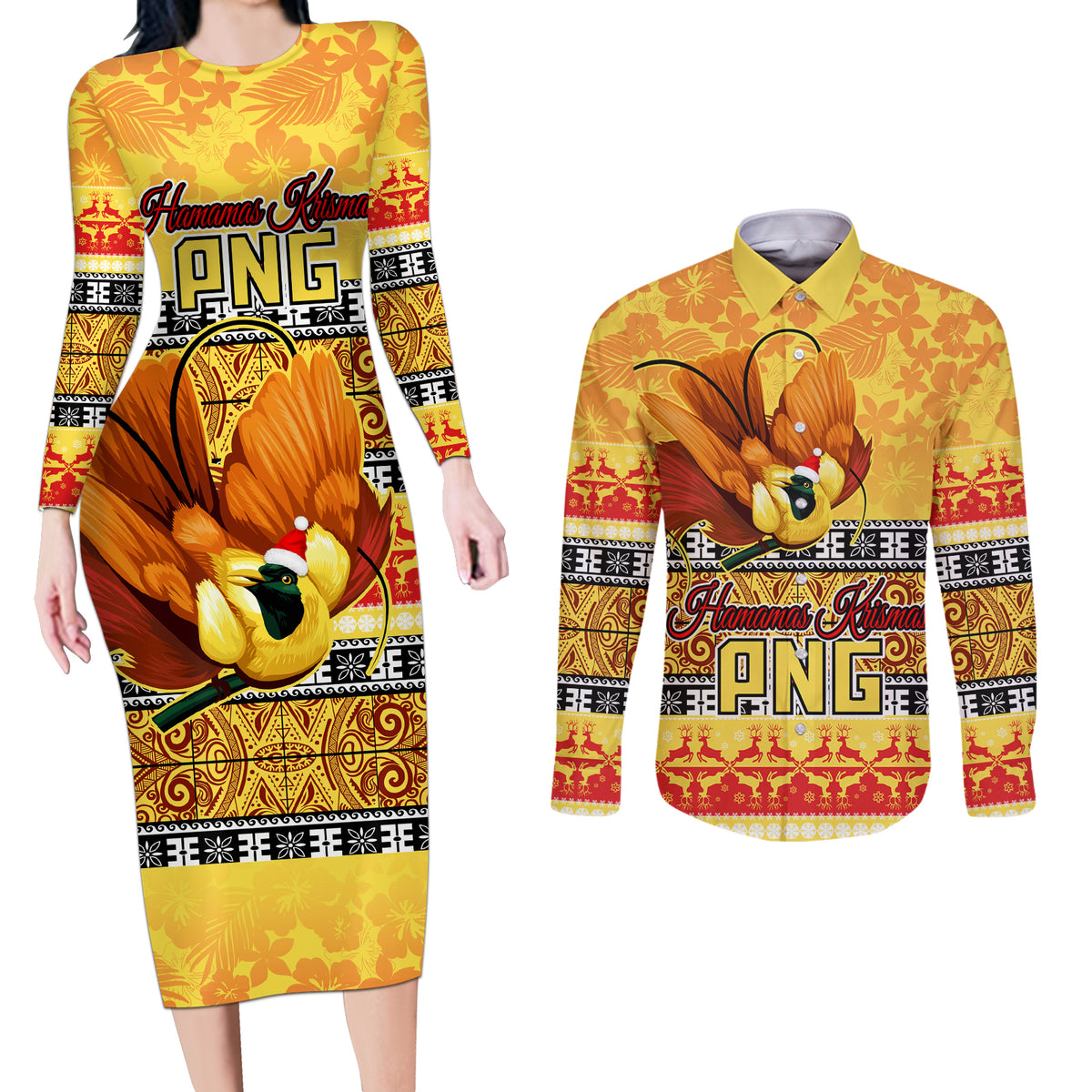 PNG Hamamas Krismas Couples Matching Long Sleeve Bodycon Dress and Long Sleeve Button Shirt Papua New Guinea Bird Of Paradise Merry Christmas Gold Style LT9 - Wonder Print Shop