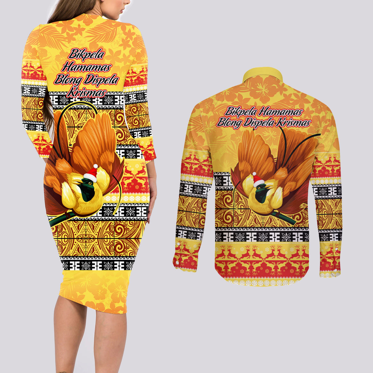 PNG Hamamas Krismas Couples Matching Long Sleeve Bodycon Dress and Long Sleeve Button Shirt Papua New Guinea Bird Of Paradise Merry Christmas Gold Style LT9 - Wonder Print Shop