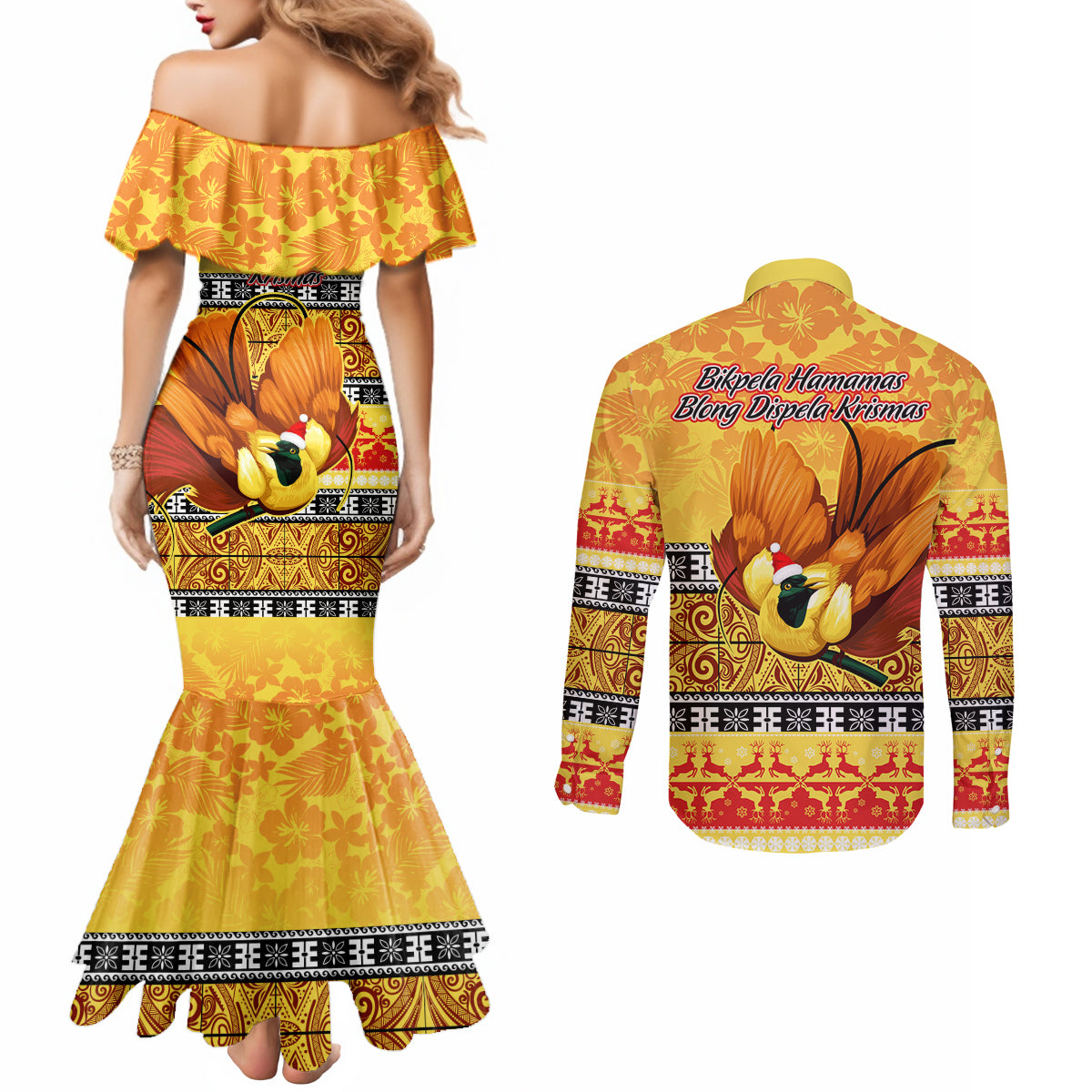 png-hamamas-krismas-couples-matching-mermaid-dress-and-long-sleeve-button-shirt-papua-new-guinea-bird-of-paradise-merry-christmas-gold-style
