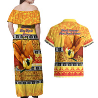 PNG Hamamas Krismas Couples Matching Off Shoulder Maxi Dress and Hawaiian Shirt Papua New Guinea Bird Of Paradise Merry Christmas Gold Style LT9 - Wonder Print Shop