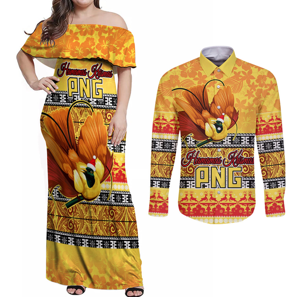 PNG Hamamas Krismas Couples Matching Off Shoulder Maxi Dress and Long Sleeve Button Shirt Papua New Guinea Bird Of Paradise Merry Christmas Gold Style LT9 - Wonder Print Shop