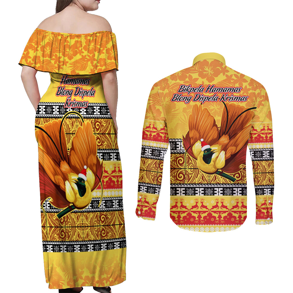 PNG Hamamas Krismas Couples Matching Off Shoulder Maxi Dress and Long Sleeve Button Shirt Papua New Guinea Bird Of Paradise Merry Christmas Gold Style LT9 - Wonder Print Shop
