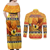 PNG Hamamas Krismas Couples Matching Off Shoulder Maxi Dress and Long Sleeve Button Shirt Papua New Guinea Bird Of Paradise Merry Christmas Gold Style LT9 - Wonder Print Shop