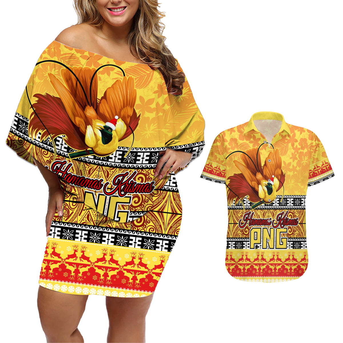 PNG Hamamas Krismas Couples Matching Off Shoulder Short Dress and Hawaiian Shirt Papua New Guinea Bird Of Paradise Merry Christmas Gold Style LT9 - Wonder Print Shop