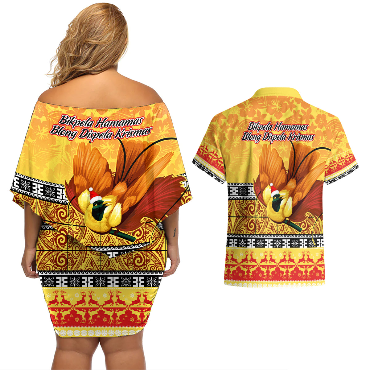 PNG Hamamas Krismas Couples Matching Off Shoulder Short Dress and Hawaiian Shirt Papua New Guinea Bird Of Paradise Merry Christmas Gold Style LT9 - Wonder Print Shop