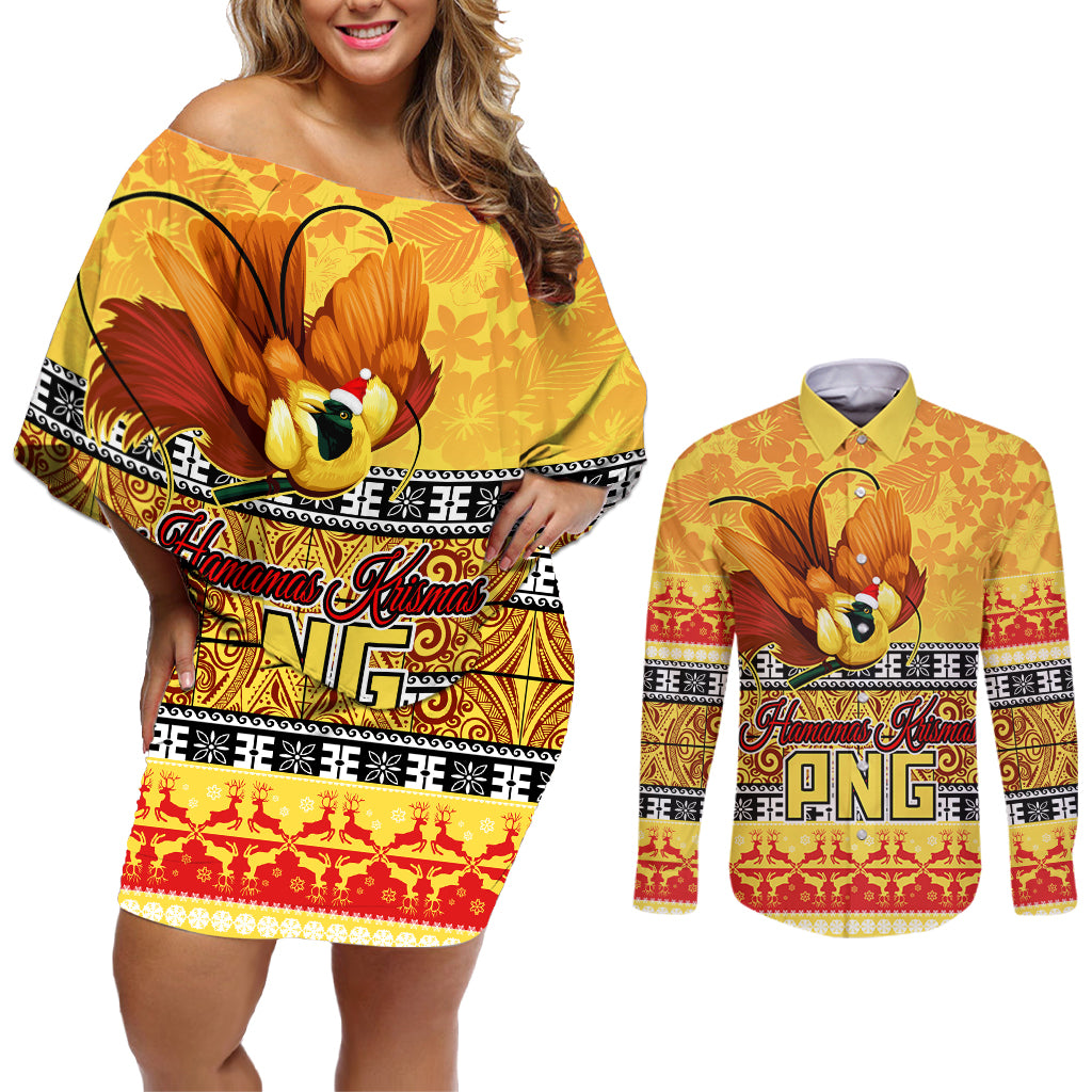 PNG Hamamas Krismas Couples Matching Off Shoulder Short Dress and Long Sleeve Button Shirt Papua New Guinea Bird Of Paradise Merry Christmas Gold Style LT9 - Wonder Print Shop