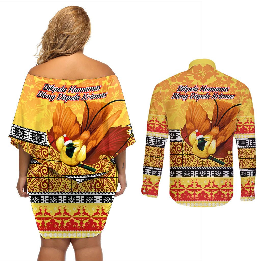 PNG Hamamas Krismas Couples Matching Off Shoulder Short Dress and Long Sleeve Button Shirt Papua New Guinea Bird Of Paradise Merry Christmas Gold Style LT9 - Wonder Print Shop