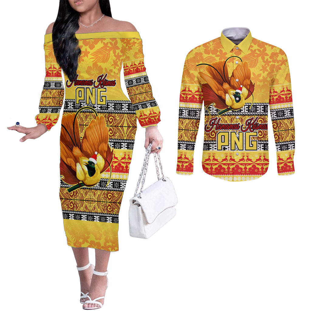 png-hamamas-krismas-couples-matching-off-the-shoulder-long-sleeve-dress-and-long-sleeve-button-shirt-papua-new-guinea-bird-of-paradise-merry-christmas-gold-style