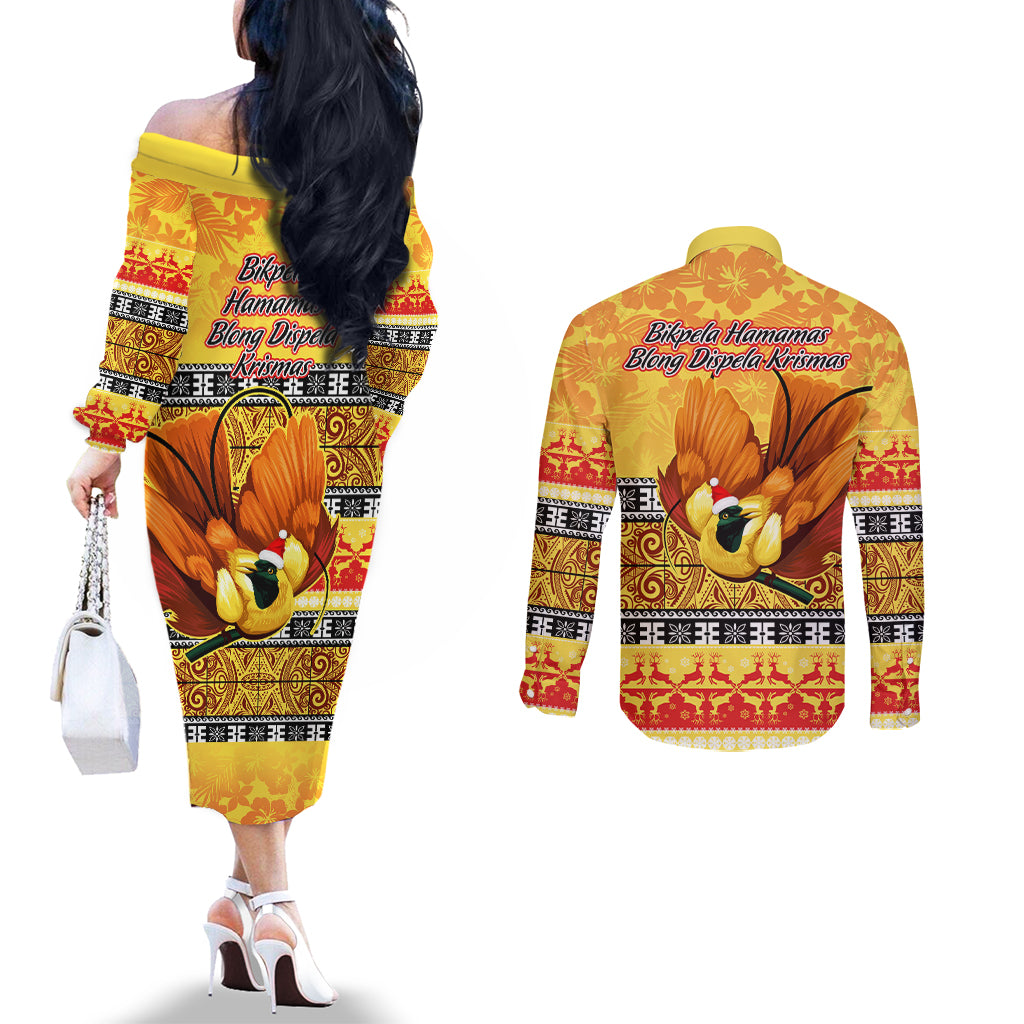 png-hamamas-krismas-couples-matching-off-the-shoulder-long-sleeve-dress-and-long-sleeve-button-shirt-papua-new-guinea-bird-of-paradise-merry-christmas-gold-style