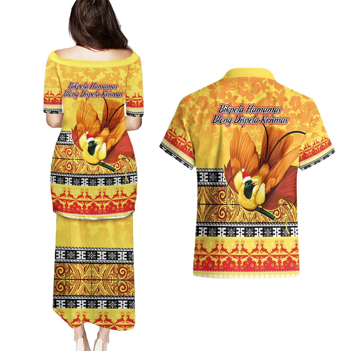 PNG Hamamas Krismas Couples Matching Puletasi Dress and Hawaiian Shirt Papua New Guinea Bird Of Paradise Merry Christmas Gold Style LT9 - Wonder Print Shop
