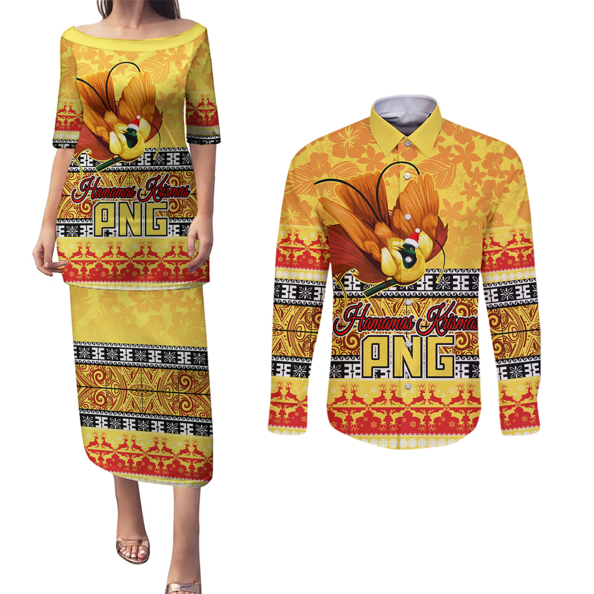 PNG Hamamas Krismas Couples Matching Puletasi Dress and Long Sleeve Button Shirt Papua New Guinea Bird Of Paradise Merry Christmas Gold Style LT9 - Wonder Print Shop