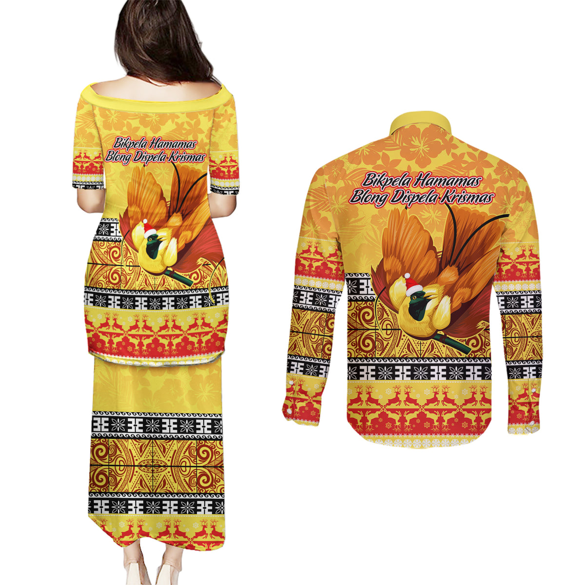 PNG Hamamas Krismas Couples Matching Puletasi Dress and Long Sleeve Button Shirt Papua New Guinea Bird Of Paradise Merry Christmas Gold Style LT9 - Wonder Print Shop