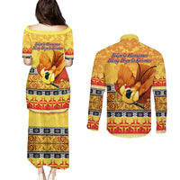 PNG Hamamas Krismas Couples Matching Puletasi Dress and Long Sleeve Button Shirt Papua New Guinea Bird Of Paradise Merry Christmas Gold Style LT9 - Wonder Print Shop