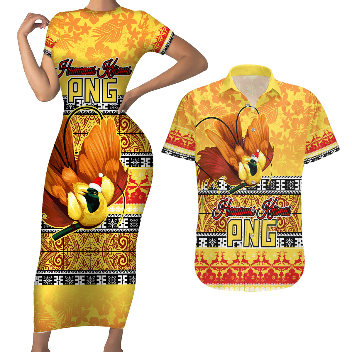 PNG Hamamas Krismas Couples Matching Short Sleeve Bodycon Dress and Hawaiian Shirt Papua New Guinea Bird Of Paradise Merry Christmas Gold Style LT9 - Wonder Print Shop