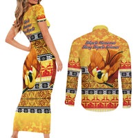 PNG Hamamas Krismas Couples Matching Short Sleeve Bodycon Dress and Long Sleeve Button Shirt Papua New Guinea Bird Of Paradise Merry Christmas Gold Style LT9 - Wonder Print Shop