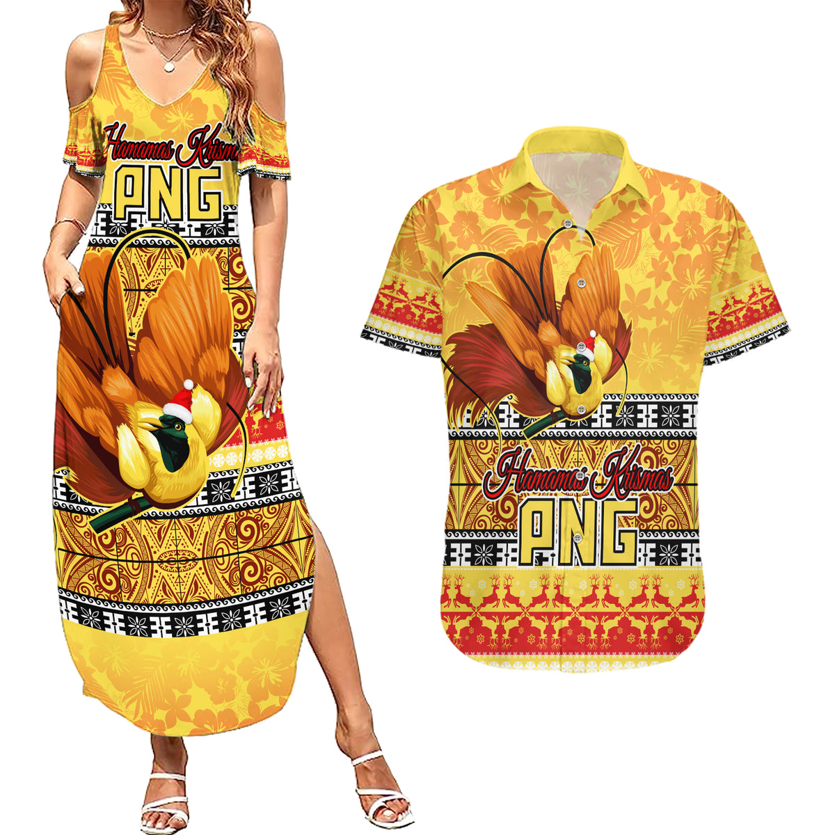 PNG Hamamas Krismas Couples Matching Summer Maxi Dress and Hawaiian Shirt Papua New Guinea Bird Of Paradise Merry Christmas Gold Style LT9 - Wonder Print Shop