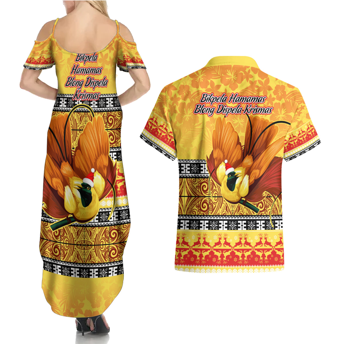 PNG Hamamas Krismas Couples Matching Summer Maxi Dress and Hawaiian Shirt Papua New Guinea Bird Of Paradise Merry Christmas Gold Style LT9 - Wonder Print Shop