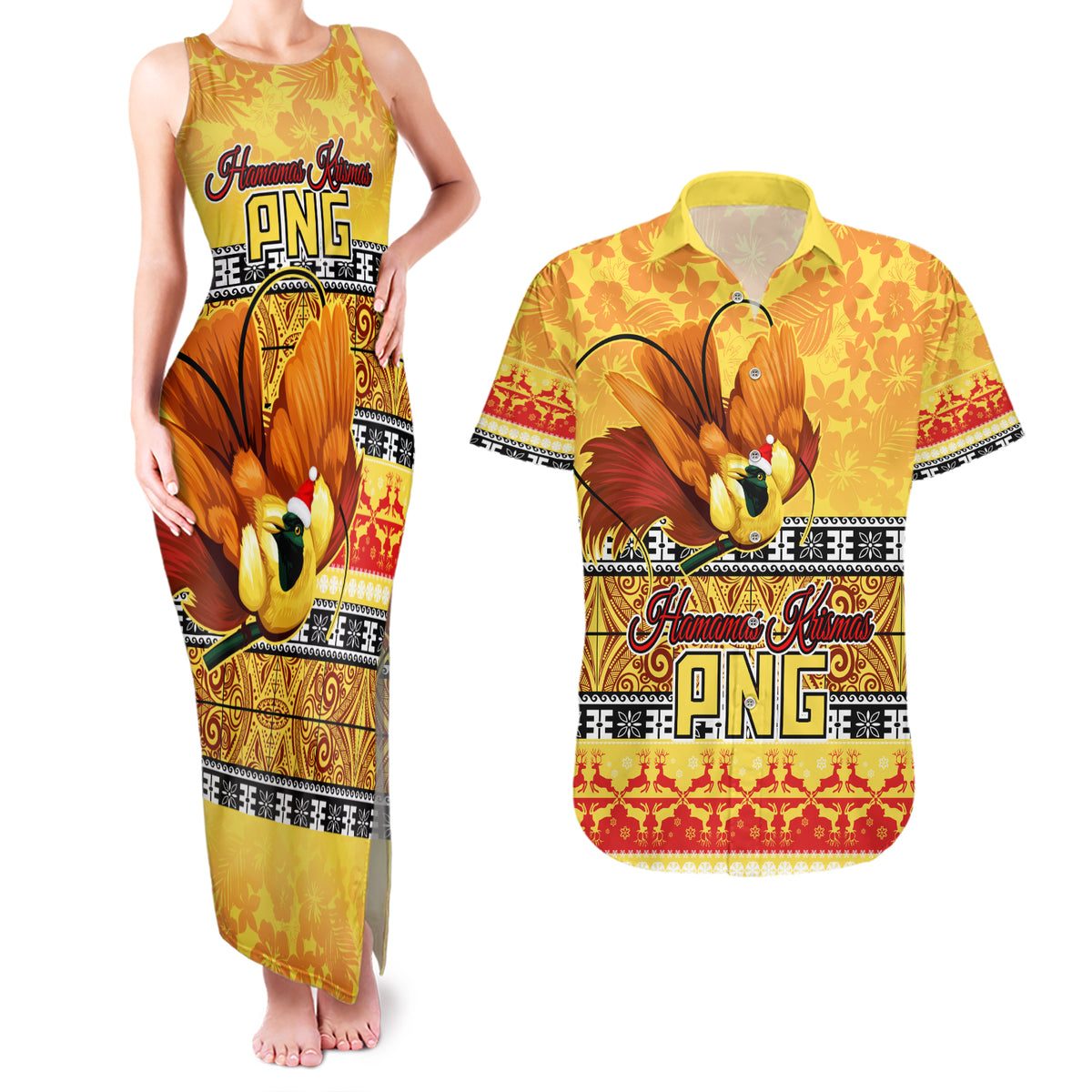 PNG Hamamas Krismas Couples Matching Tank Maxi Dress and Hawaiian Shirt Papua New Guinea Bird Of Paradise Merry Christmas Gold Style LT9 - Wonder Print Shop