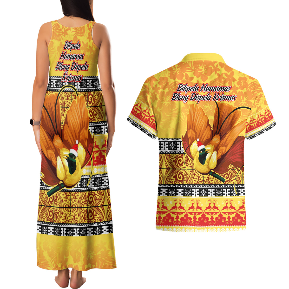 PNG Hamamas Krismas Couples Matching Tank Maxi Dress and Hawaiian Shirt Papua New Guinea Bird Of Paradise Merry Christmas Gold Style LT9 - Wonder Print Shop