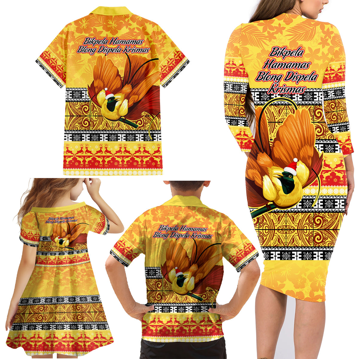 PNG Hamamas Krismas Family Matching Long Sleeve Bodycon Dress and Hawaiian Shirt Papua New Guinea Bird Of Paradise Merry Christmas Gold Style LT9 - Wonder Print Shop
