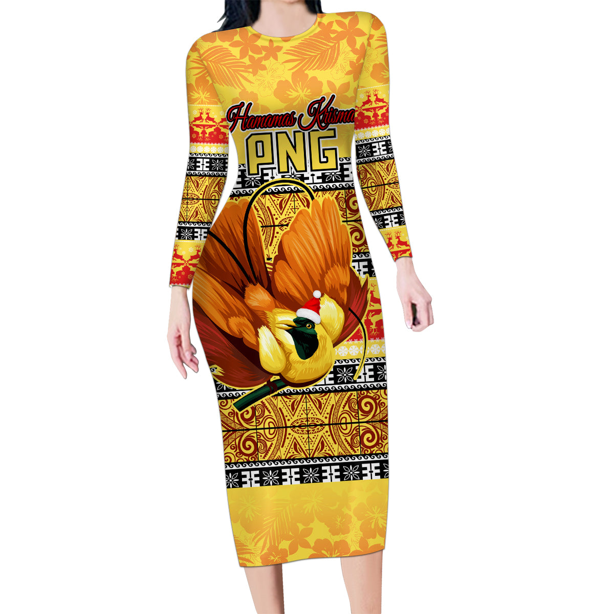 PNG Hamamas Krismas Family Matching Long Sleeve Bodycon Dress and Hawaiian Shirt Papua New Guinea Bird Of Paradise Merry Christmas Gold Style LT9 - Wonder Print Shop