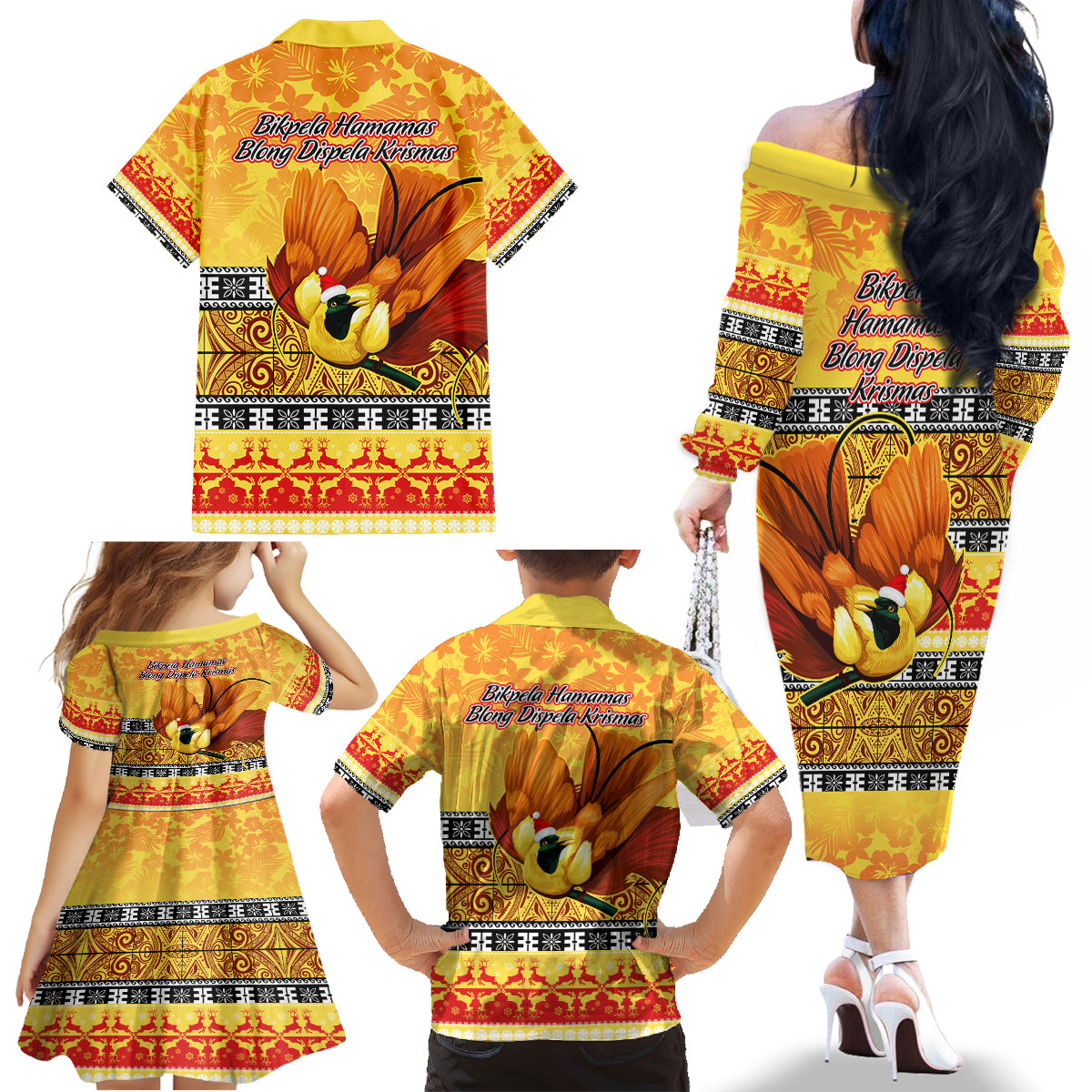 PNG Hamamas Krismas Family Matching Off Shoulder Long Sleeve Dress and Hawaiian Shirt Papua New Guinea Bird Of Paradise Merry Christmas Gold Style - Wonder Print Shop