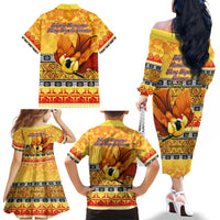 PNG Hamamas Krismas Family Matching Off Shoulder Long Sleeve Dress and Hawaiian Shirt Papua New Guinea Bird Of Paradise Merry Christmas Gold Style - Wonder Print Shop