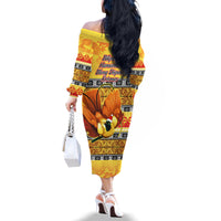 PNG Hamamas Krismas Family Matching Off Shoulder Long Sleeve Dress and Hawaiian Shirt Papua New Guinea Bird Of Paradise Merry Christmas Gold Style - Wonder Print Shop