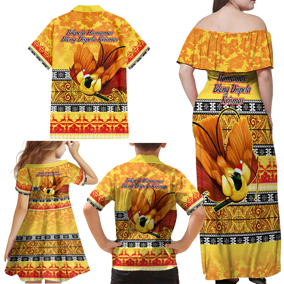 PNG Hamamas Krismas Family Matching Off Shoulder Maxi Dress and Hawaiian Shirt Papua New Guinea Bird Of Paradise Merry Christmas Gold Style LT9 - Wonder Print Shop