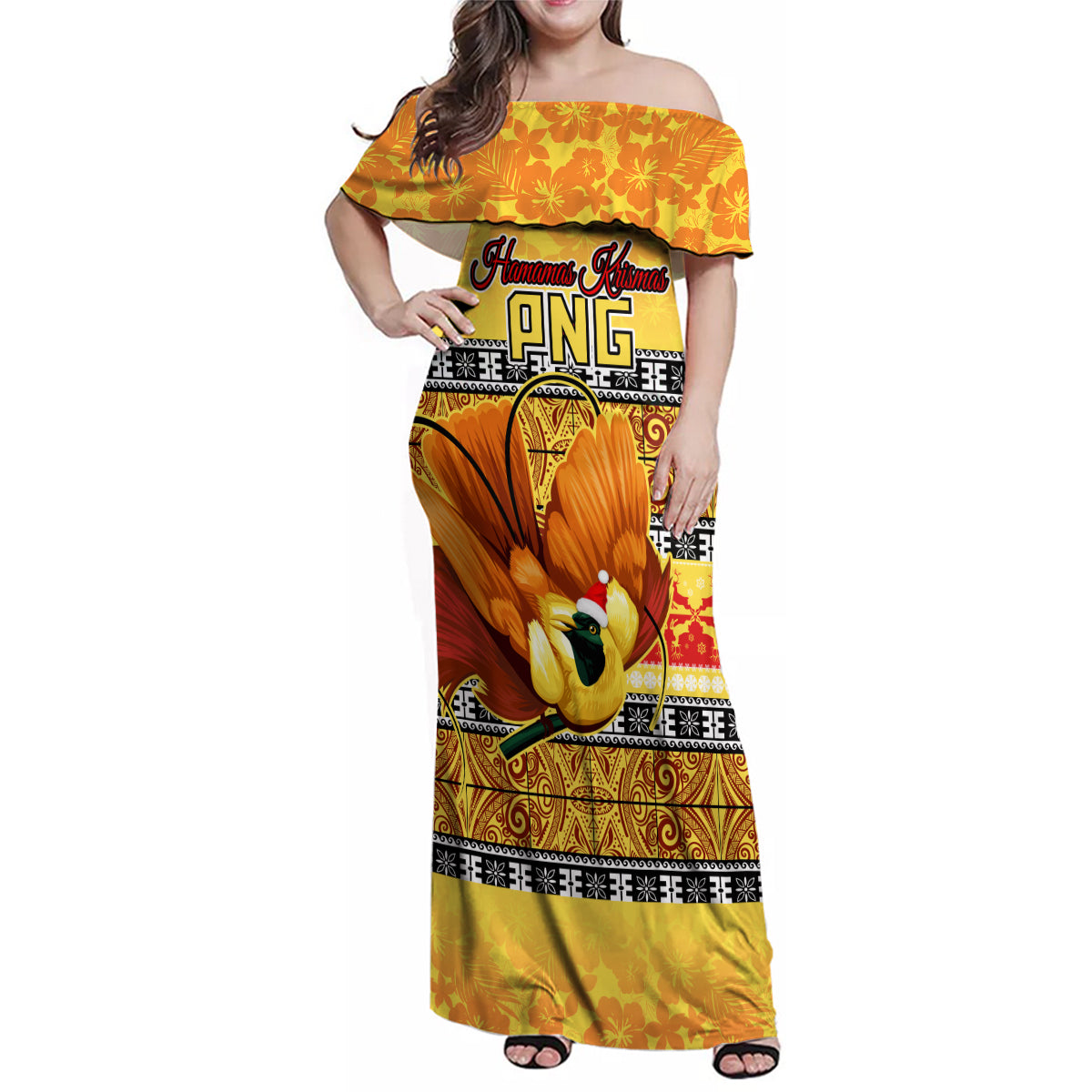 PNG Hamamas Krismas Family Matching Off Shoulder Maxi Dress and Hawaiian Shirt Papua New Guinea Bird Of Paradise Merry Christmas Gold Style LT9 - Wonder Print Shop