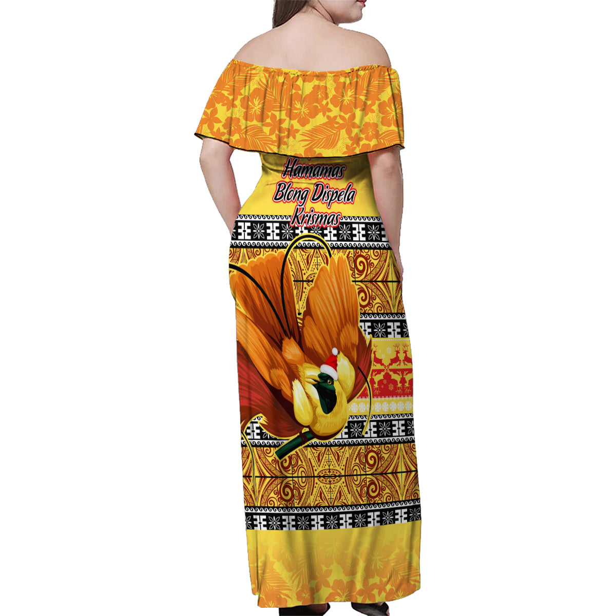 PNG Hamamas Krismas Family Matching Off Shoulder Maxi Dress and Hawaiian Shirt Papua New Guinea Bird Of Paradise Merry Christmas Gold Style LT9 - Wonder Print Shop