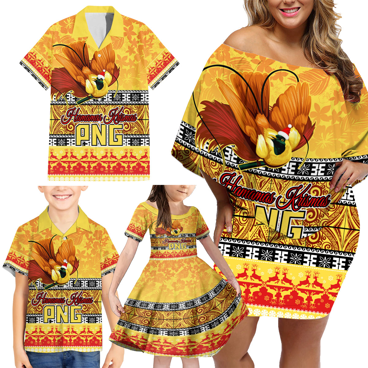 PNG Hamamas Krismas Family Matching Off Shoulder Short Dress and Hawaiian Shirt Papua New Guinea Bird Of Paradise Merry Christmas Gold Style LT9 - Wonder Print Shop