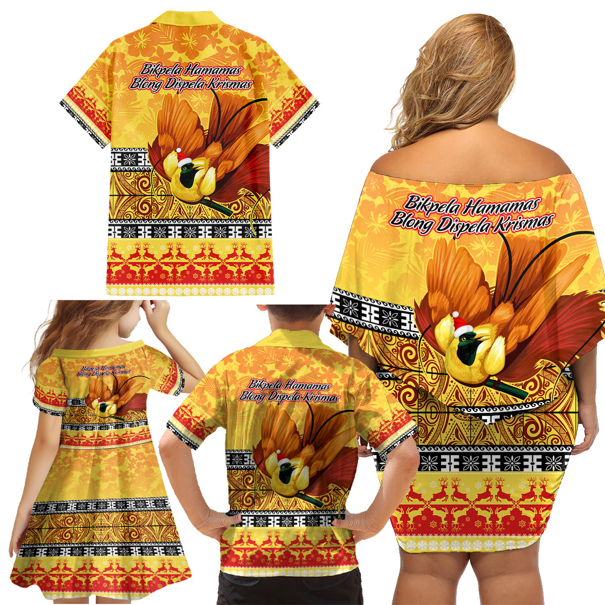 PNG Hamamas Krismas Family Matching Off Shoulder Short Dress and Hawaiian Shirt Papua New Guinea Bird Of Paradise Merry Christmas Gold Style LT9 - Wonder Print Shop