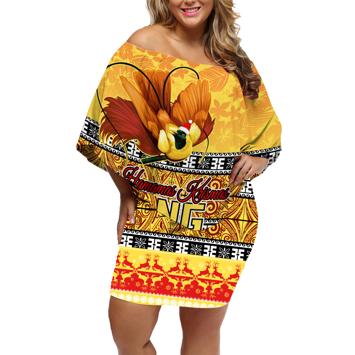 PNG Hamamas Krismas Family Matching Off Shoulder Short Dress and Hawaiian Shirt Papua New Guinea Bird Of Paradise Merry Christmas Gold Style LT9 - Wonder Print Shop