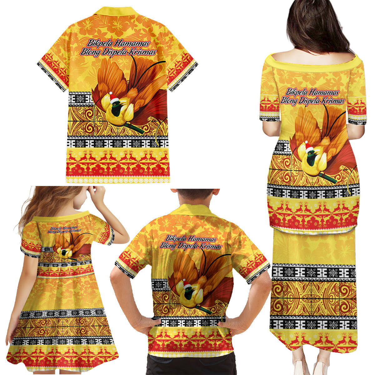 PNG Hamamas Krismas Family Matching Puletasi Dress and Hawaiian Shirt Papua New Guinea Bird Of Paradise Merry Christmas Gold Style - Wonder Print Shop