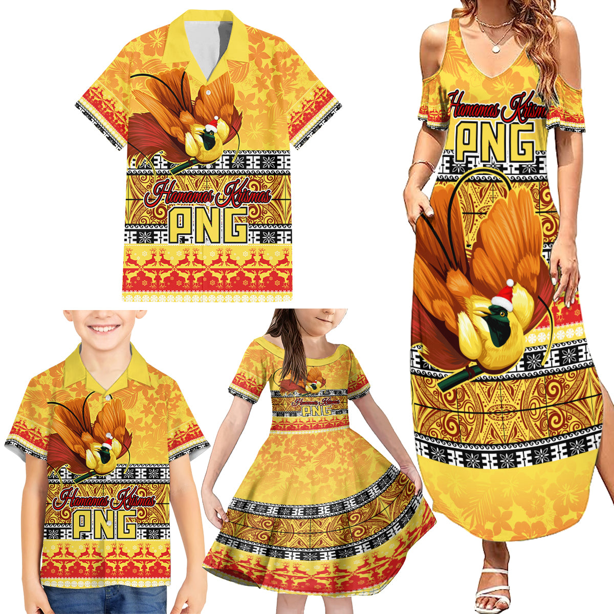 PNG Hamamas Krismas Family Matching Summer Maxi Dress and Hawaiian Shirt Papua New Guinea Bird Of Paradise Merry Christmas Gold Style - Wonder Print Shop