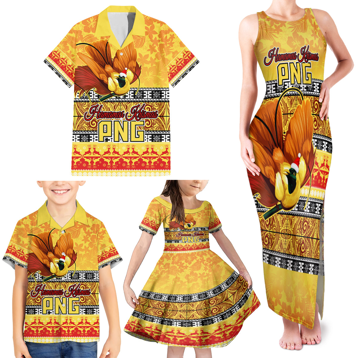 PNG Hamamas Krismas Family Matching Tank Maxi Dress and Hawaiian Shirt Papua New Guinea Bird Of Paradise Merry Christmas Gold Style - Wonder Print Shop