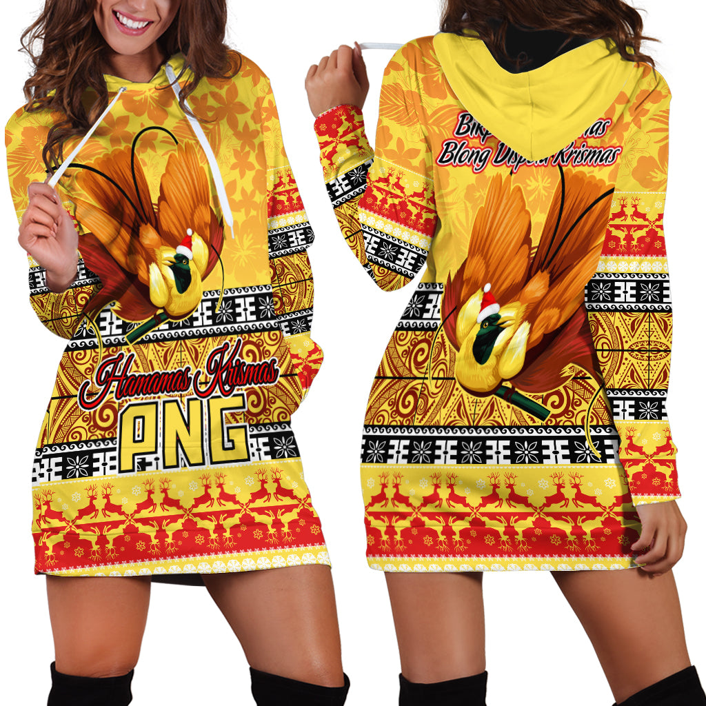 PNG Hamamas Krismas Hoodie Dress Papua New Guinea Bird Of Paradise Merry Christmas Gold Style - Wonder Print Shop