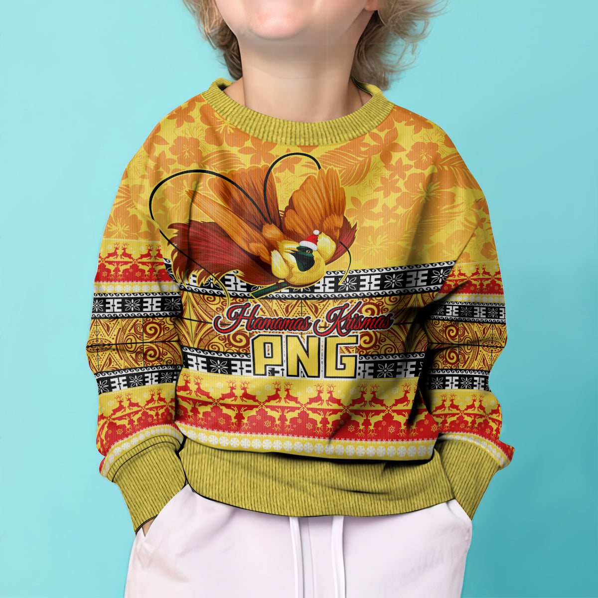 PNG Hamamas Krismas Kid Ugly Christmas Sweater Papua New Guinea Bird Of Paradise Merry Christmas Gold Style - Wonder Print Shop