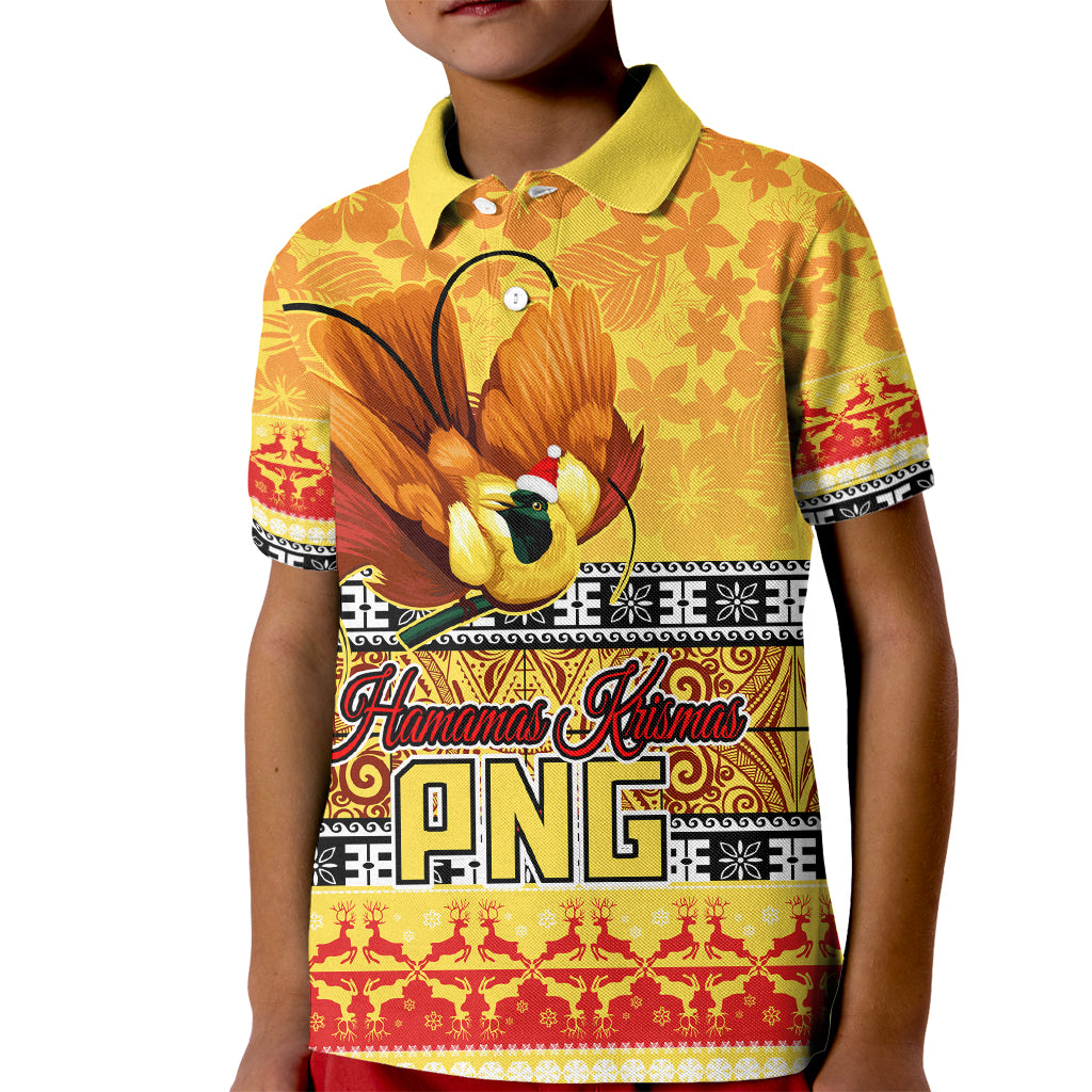PNG Hamamas Krismas Kid Polo Shirt Papua New Guinea Bird Of Paradise Merry Christmas Gold Style - Wonder Print Shop