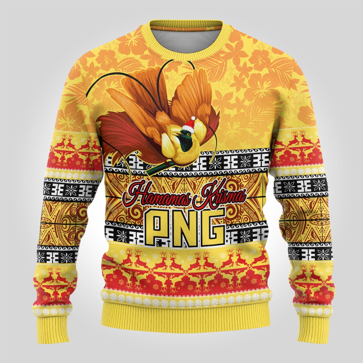 PNG Hamamas Krismas Ugly Christmas Sweater Papua New Guinea Bird Of Paradise Merry Christmas Gold Style - Wonder Print Shop