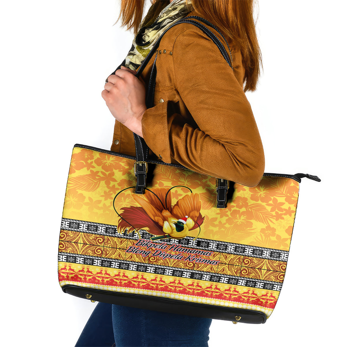 PNG Hamamas Krismas Leather Tote Bag Papua New Guinea Bird Of Paradise Merry Christmas Gold Style - Wonder Print Shop