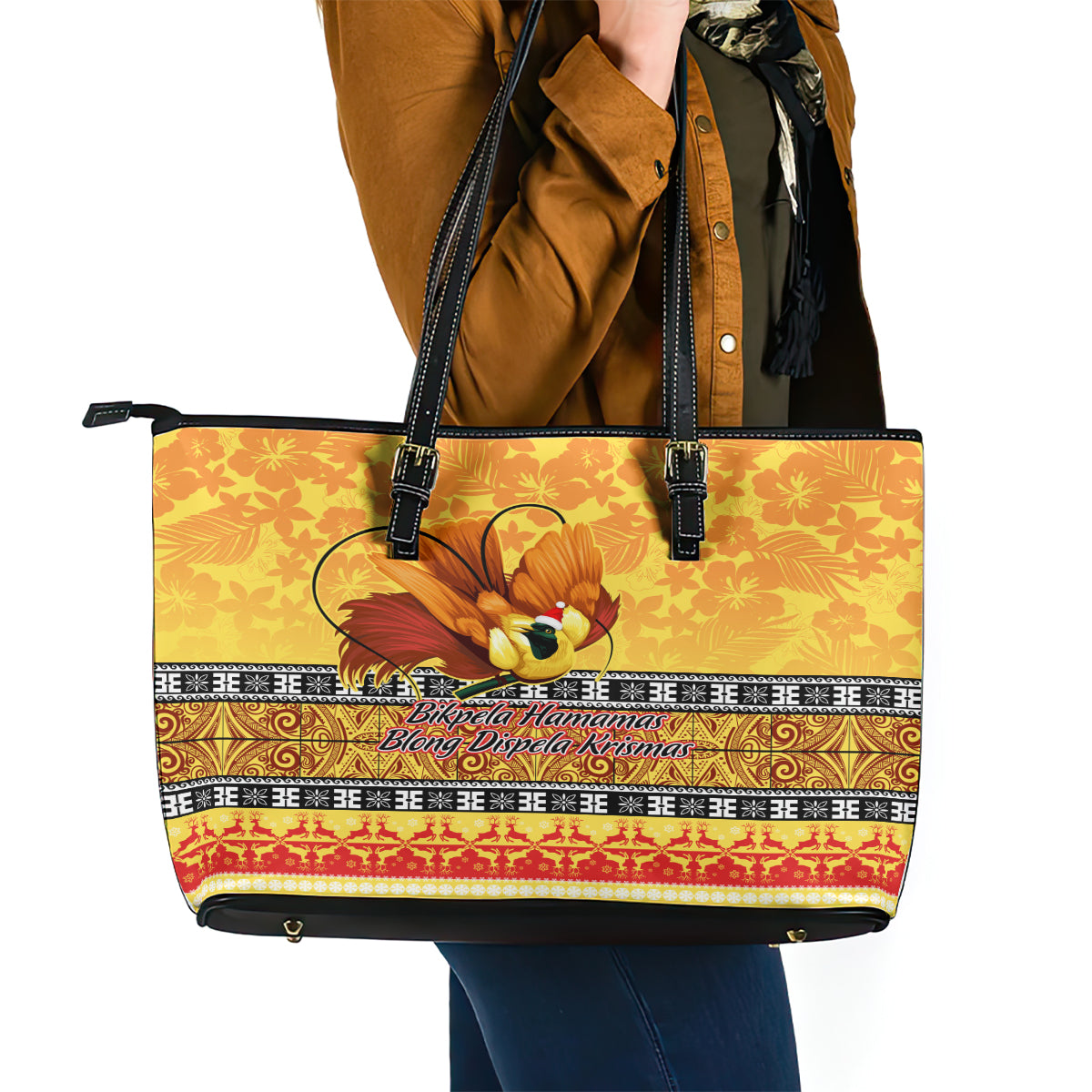 PNG Hamamas Krismas Leather Tote Bag Papua New Guinea Bird Of Paradise Merry Christmas Gold Style - Wonder Print Shop