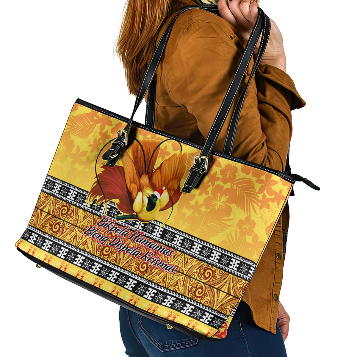 PNG Hamamas Krismas Leather Tote Bag Papua New Guinea Bird Of Paradise Merry Christmas Gold Style - Wonder Print Shop