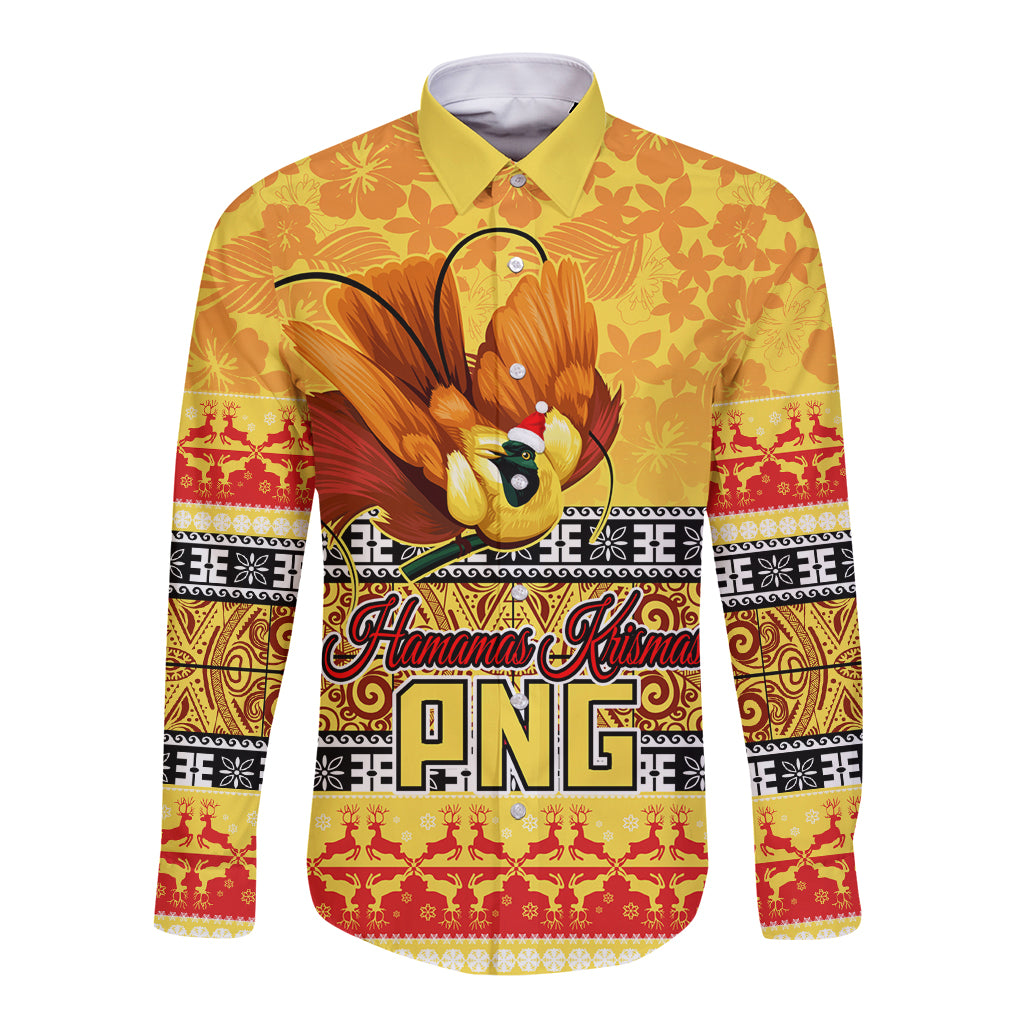 PNG Hamamas Krismas Long Sleeve Button Shirt Papua New Guinea Bird Of Paradise Merry Christmas Gold Style - Wonder Print Shop